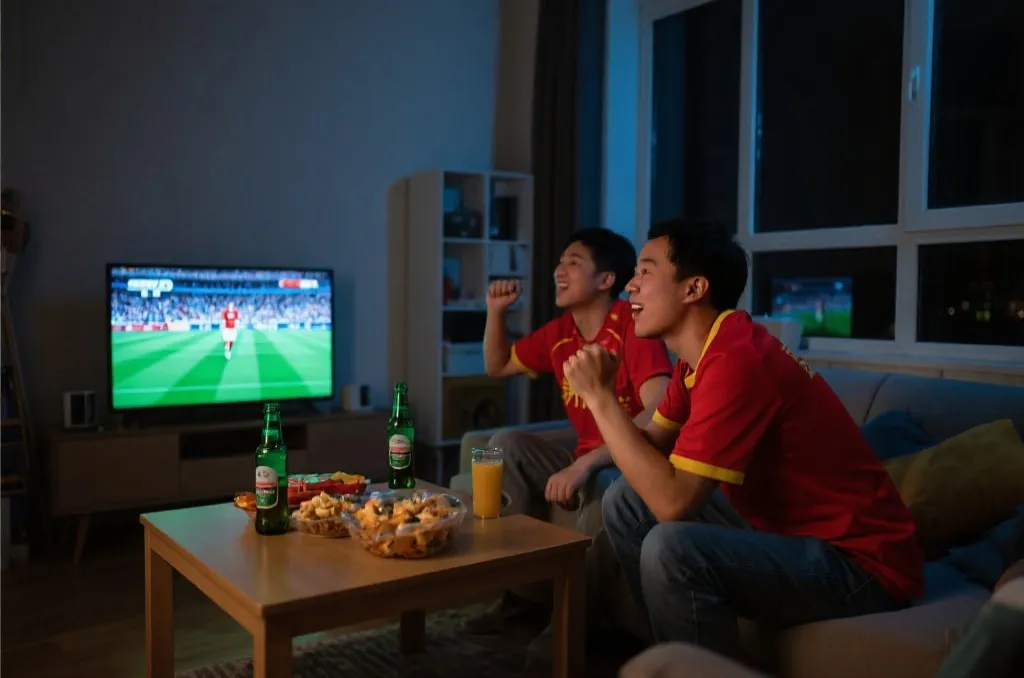 中国球迷在深夜观看世界杯直播的场景